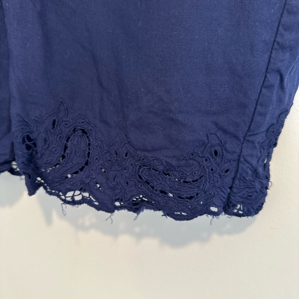 VTG 80s Hibis SzM Navy blue Lightweight midi-length pencil skirt Eyelet lace hem - Picture 8 of 11
